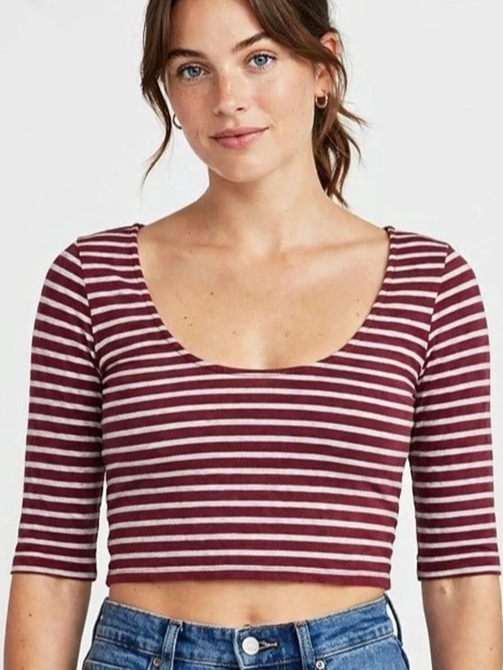 Streetwear Society Striped Crop Top - Size Small - Burgundy & White - Scoop Neck